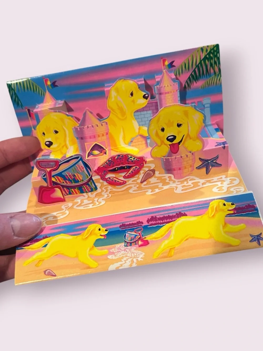 Vintage Lisa Frank Puppies Sandcastle 3D Cards (2) With Sticker Set Unique